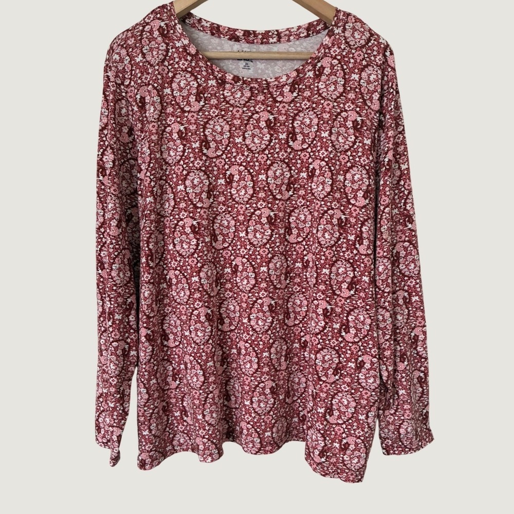 Lands End 2X Red Floral Paisley Long Sleeve Cotton T-Shirt Top Cottagecore